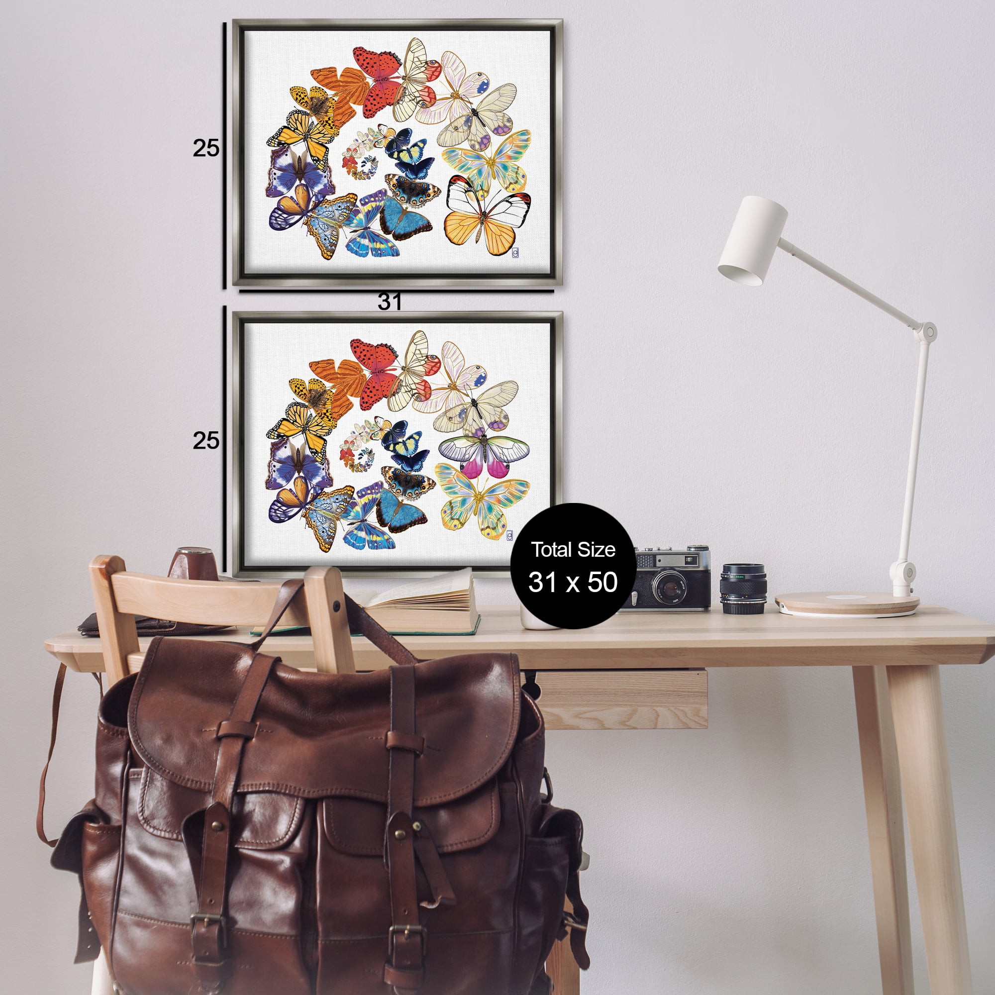Stupell Industries Fly Away Butterfly Spirals Animals Painting Gray Floater Framed Canvas Art Print Wall Art, 31 x 25, Set of 2