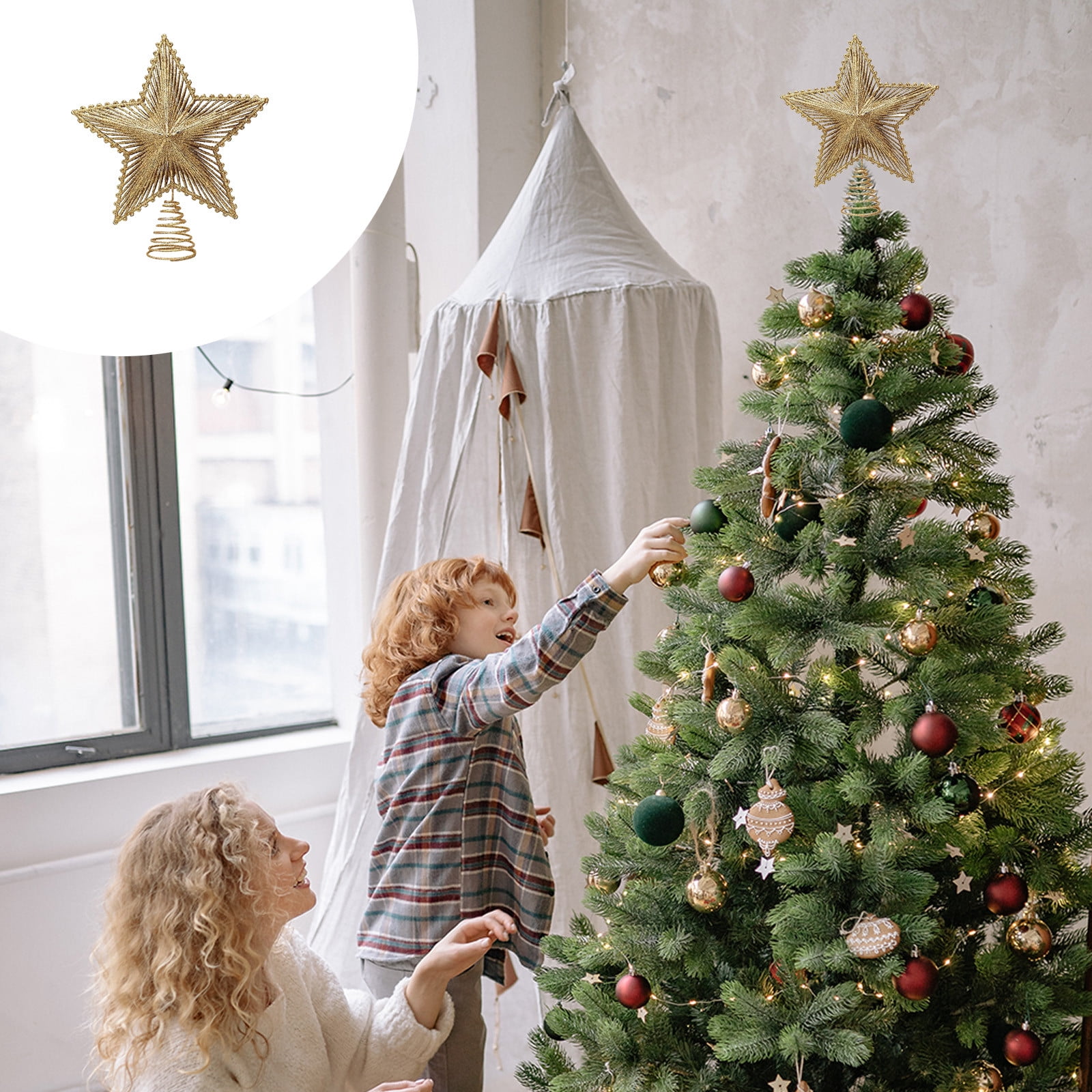 Dmlowu Star Christmas Tree Topper - Glitter Sparkle Star Xmas Tree Topper with Led Lights, Metal Hollowed Christmas Tree Toppers, 8x9" Plug In Christmas Tree Decorations for Home Office Holiday Party