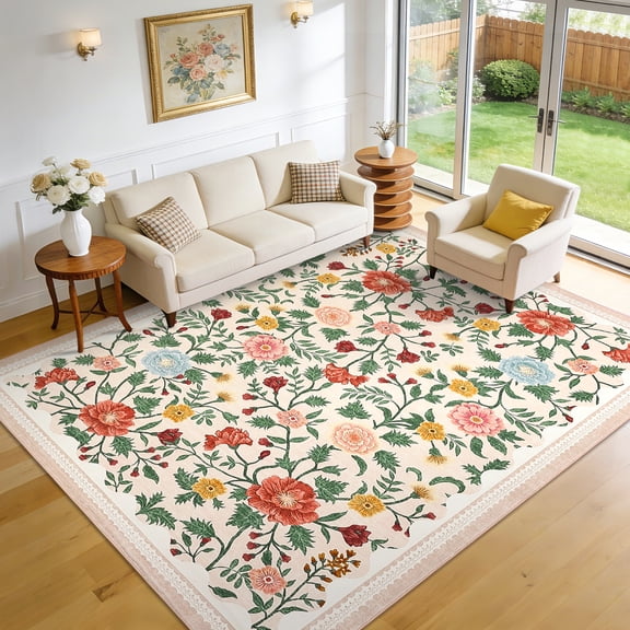 Garvee 5'x7' Vintage Floral Area Rug Living Room Rug, Washable Boho Rugs Non Slip Soft Low Pile Farmhouse Rug Indoor Floor Carpet for Bedroom Dining Room Home Office, Beige