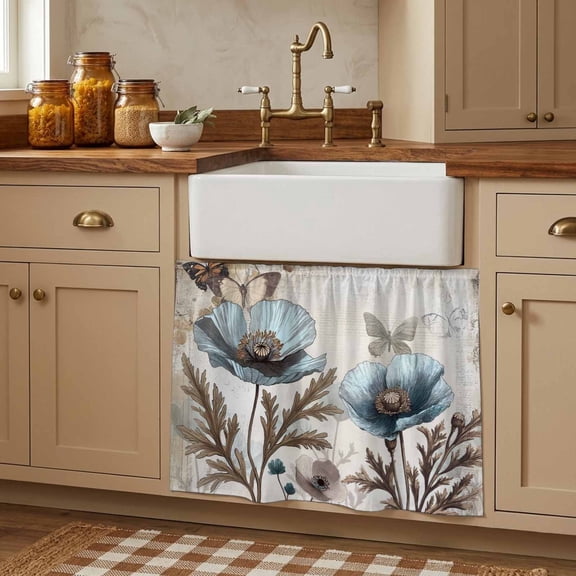 Teal Tulip Cabinet Curtains 28"W x 35"L, Vintage Spring Floral Summer Botanical Brown Under Sink Skirt for Bathroom Vanity Kitchen Self Adhesive, Dust-Proof Privacy Curtain for Closet Shelves