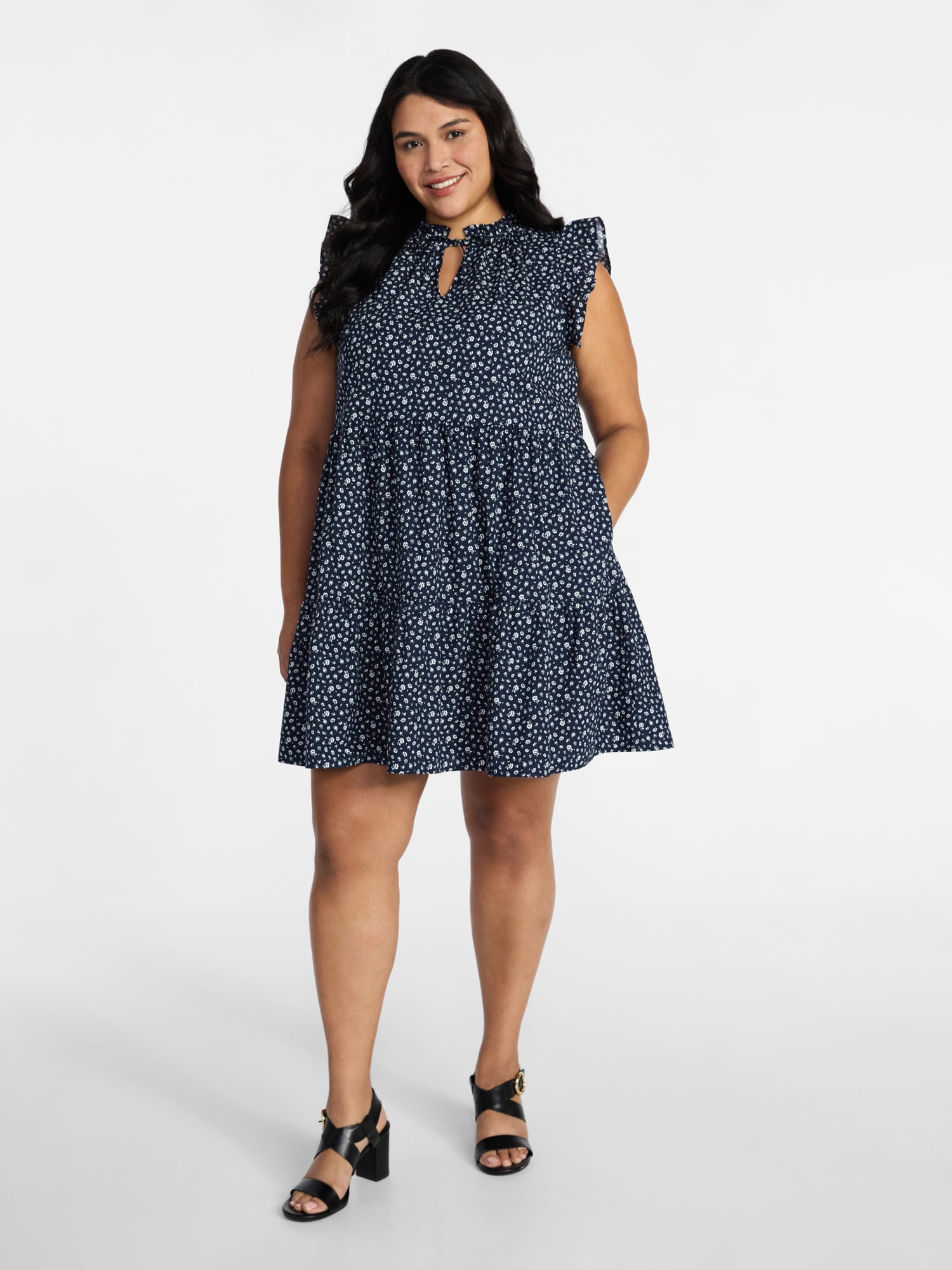 Time and Tru Women’s and Women’s Plus Flutter Sleeve Cotton Mini Dress, Sizes XS-4X