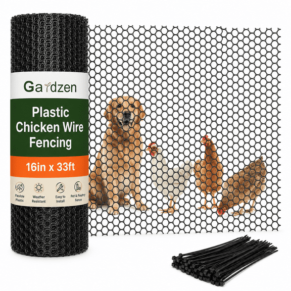 Gardzen 16in x 33ft Plastic Chicken Wire Mesh with 70 Pcs Zip Ties, 0.5in Hole Heavy-Duty Poultry Fence for Garden
