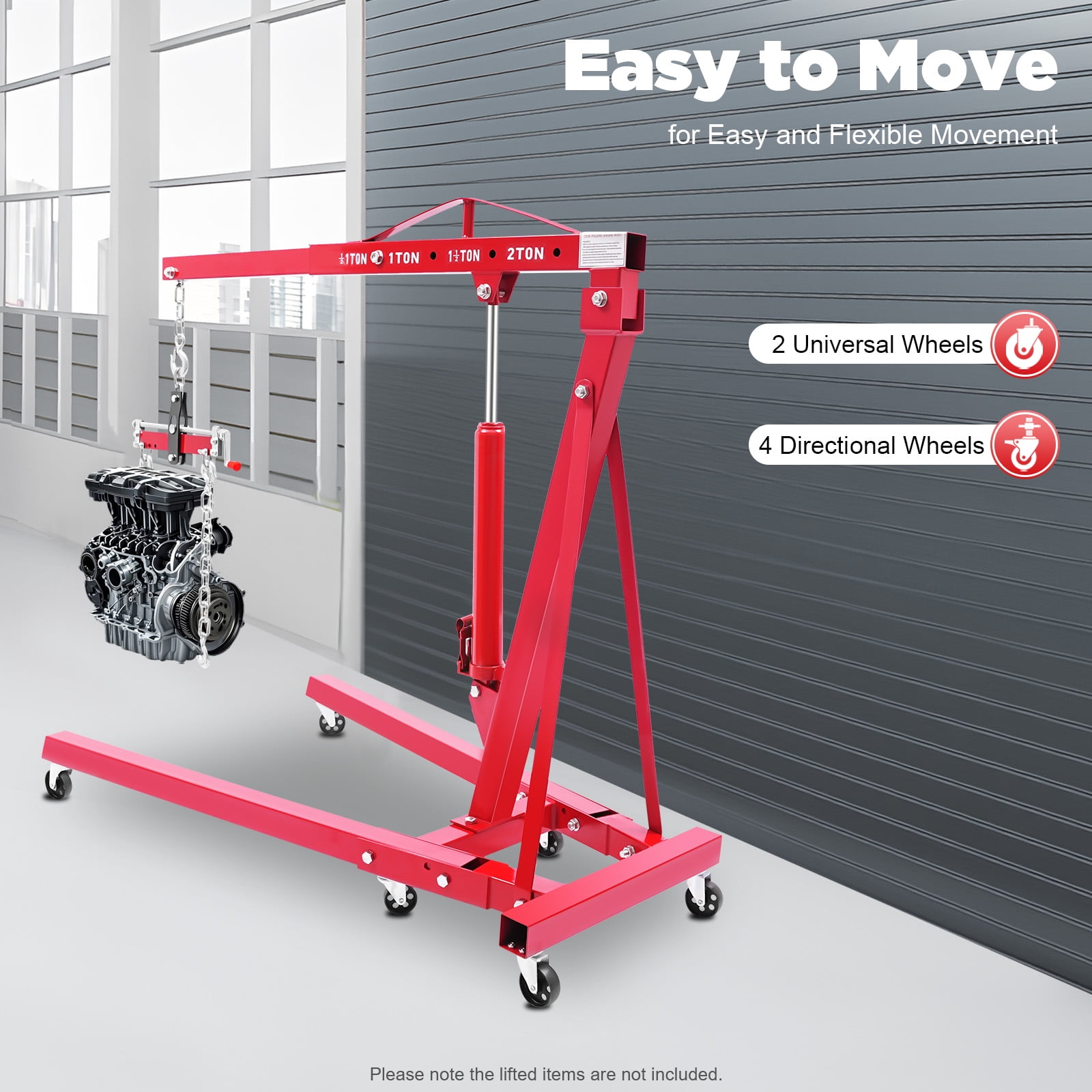 Peakora 2T Folding Hydraulic Crane Hydraulic Crane with Engine Leveler & Wheels Heavy-Duty Cherry Picker Shop Crane Oldable Engine Crane Red