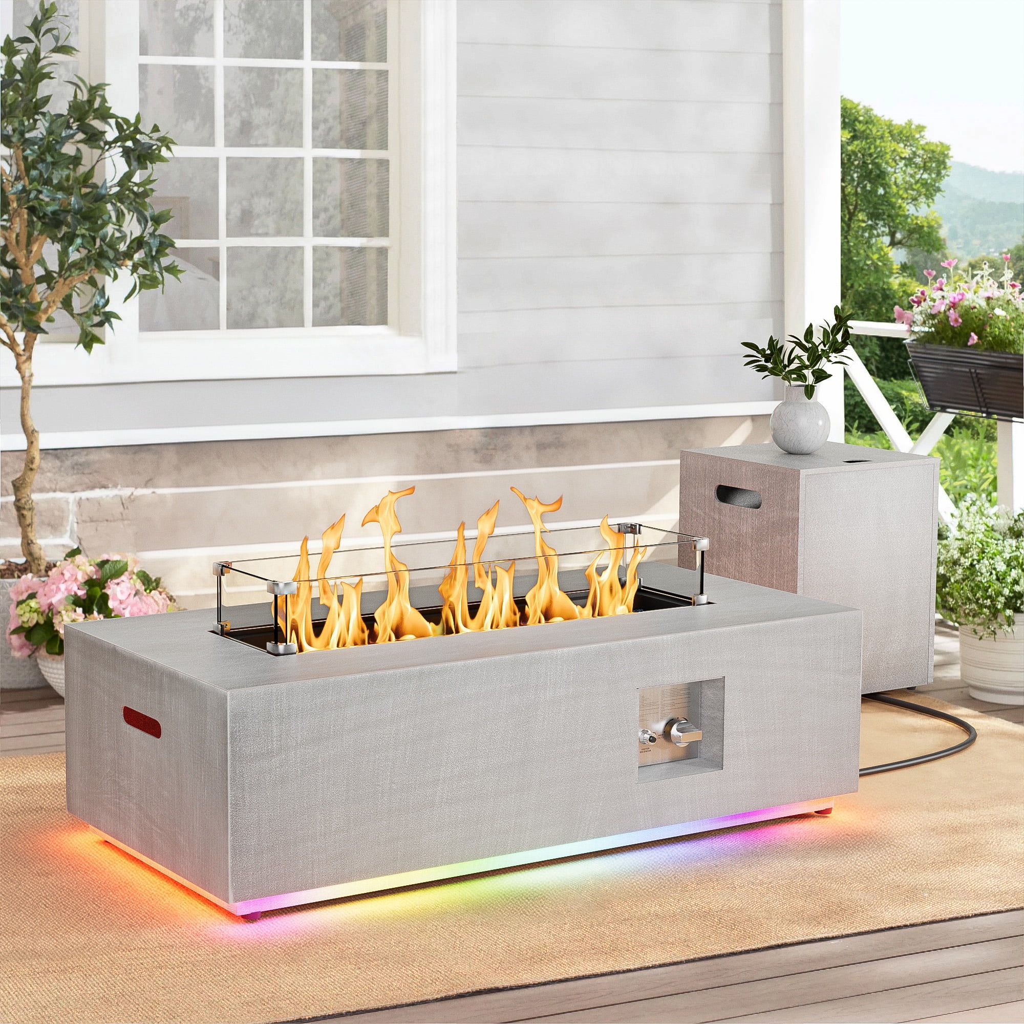 Evita 42" Propane Fire Pits for Outdoor 50,000 BTU Gas Fire Pit Table with Lid ,Glass stone,Windguard Glass,Tank Cover,LED Light Strip