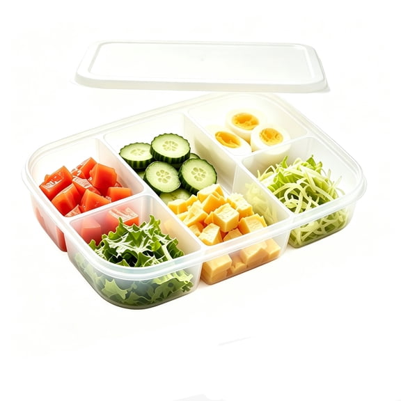 Divided Veggie Tray with Lid, 5 Compartment Snackle Box Container, Clear Plastic Food Storage & Seving for Fruit, Vegetable, Snack, Meal Prep