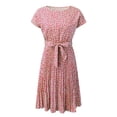 thumbnail image 4 of JAKANYQ Women Dress Summer Midi Dress Small Petite Floral Print Short Sleeve Temperament High Waist Pleated Swing Dresses With Belt Ladies Leisure Vacation Swing Flowy Bohemian Chic Sundress, 4 of 9