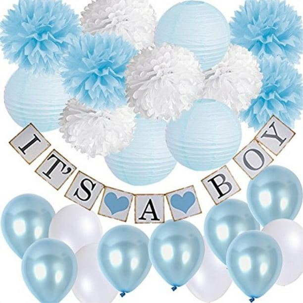 Baby Shower Decorations KitIT'S BOY Banner Baby White Pom Poms Flowers Paper Lanterns with Balloons Set for Welcome B - Walmart.com