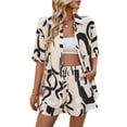 thumbnail image 3 of Women'S Summer 2 Piece Floral Print Blouse Long Sleeve Button Down Shirts Tops Lounge Shorts Casual Tracksuit Set apricot L, 3 of 9