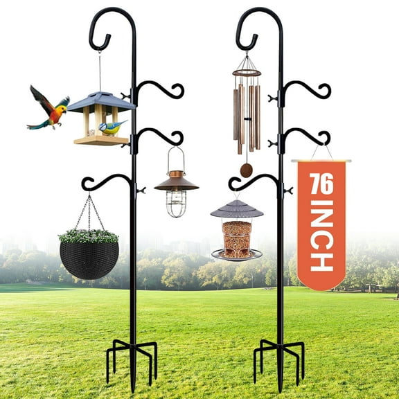 Circles 76 Inch Shepherds Hooks for Outdoor 2 Pack, Bird Feeder Poles with 4 Hooks, Shepherds Hook for Bird Feeders Outside with Base, Garden Pole for Hanging Plant Baskets, Weddings Decor (76 Inch)