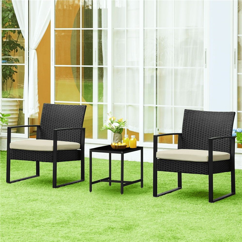 Renwick 3-Piece Patio Bistro Set with 2 PE Rattan Chairs and Table, Black/Beige
