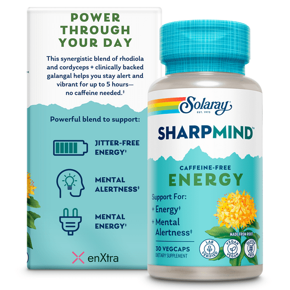 Solaray SharpMind Energy, Energy Support and Mental Alertness Nootropic Supplement for Focus, Memory, Men, Women, Each Caffeine Free Pill, Vegan, 60 Day Money Guarantee, 30 Serv 30 VegCap Pills