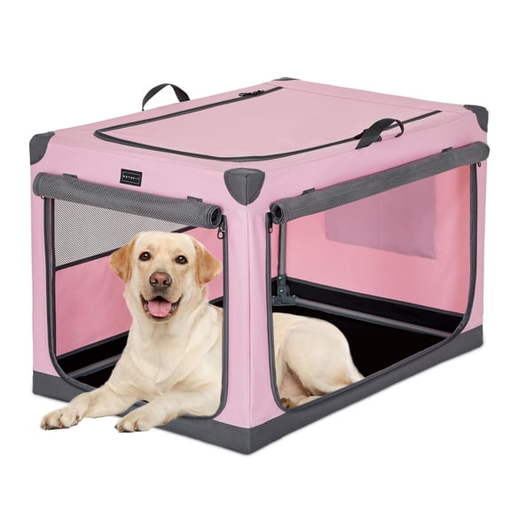Petsfit 36inch Soft Dog Crate, Adjustable Fabric Cover by Spiral Iron Pipe, Chew Proof Strengthen Sewing Collapsible Dog Crate 3 Door Design,Pink