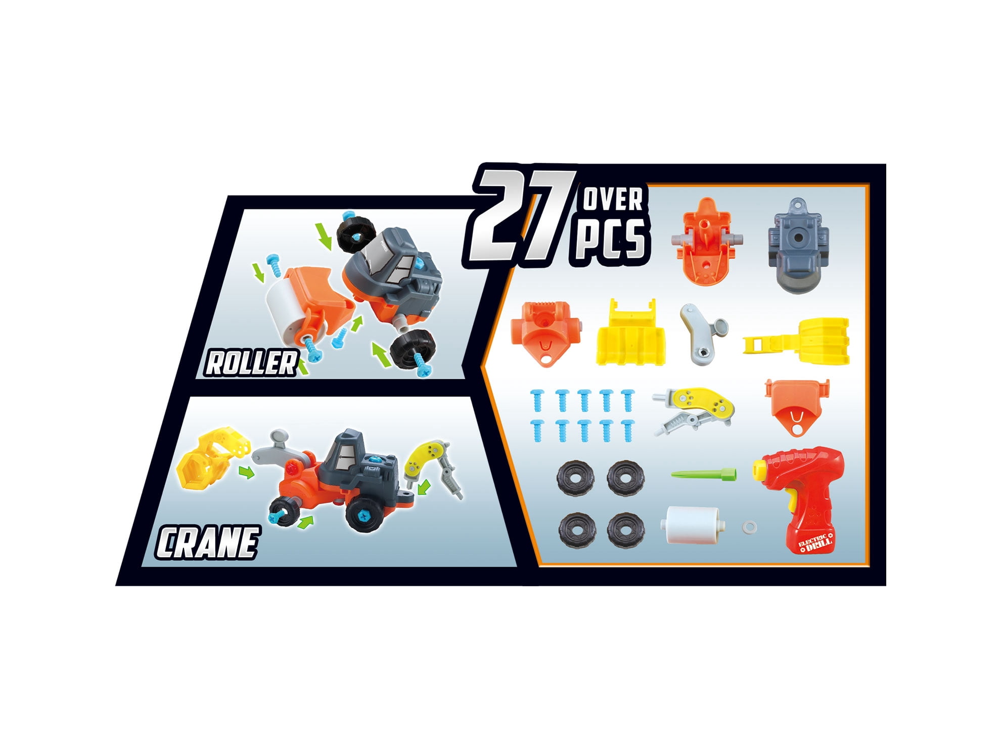PlayWorld Toolbench Time! 3-in-1 Take-A Part Construction Toy Truck With Power Tool Bulldozer + Excavator + Roller
