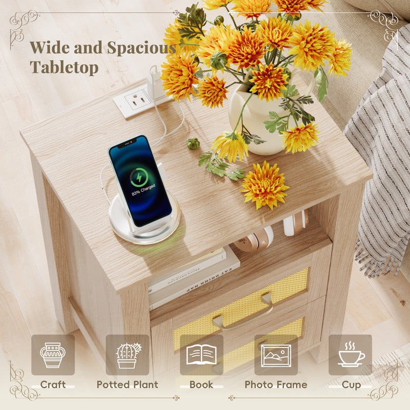 Vineego Rattan Nightstand Set of 2 with Power Outlet, End Table Beside Table with 2 Drawers & 1 Open Shelf for Bedroom Living Room, Beige