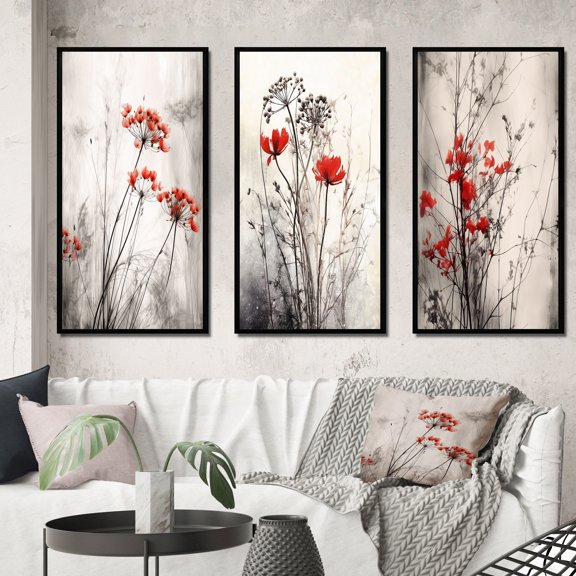 Designart "Herb Garden s Splendor in Red and Grey III" Floral Framed Wall Art Set Of 3 - Red Floral Frame Canvas Set For Living Room Decor