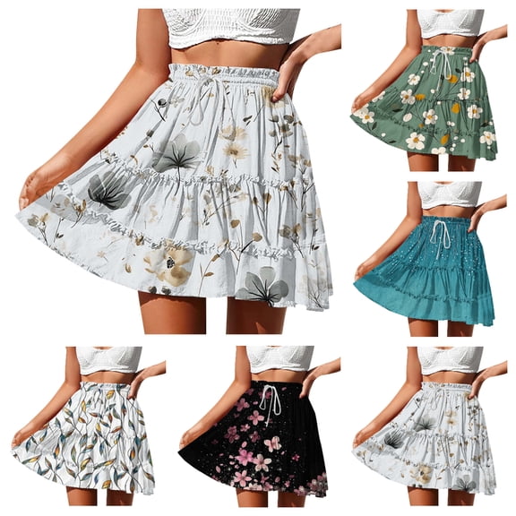 Einccm Women's Floral Print Lace Skirt - Summer Beach Boho Style - Adjustable Drawstring Tie Waist Casual Flowy Bottoms for Vacation and Daily Wear