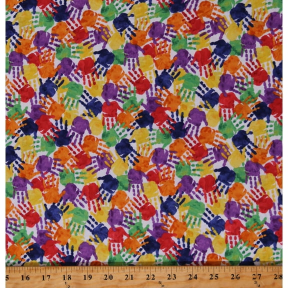Cotton Hands Handprints Painted Kids Colorful Rainbow Multicolor Cotton Fabric Print by the Yard (2207-01)