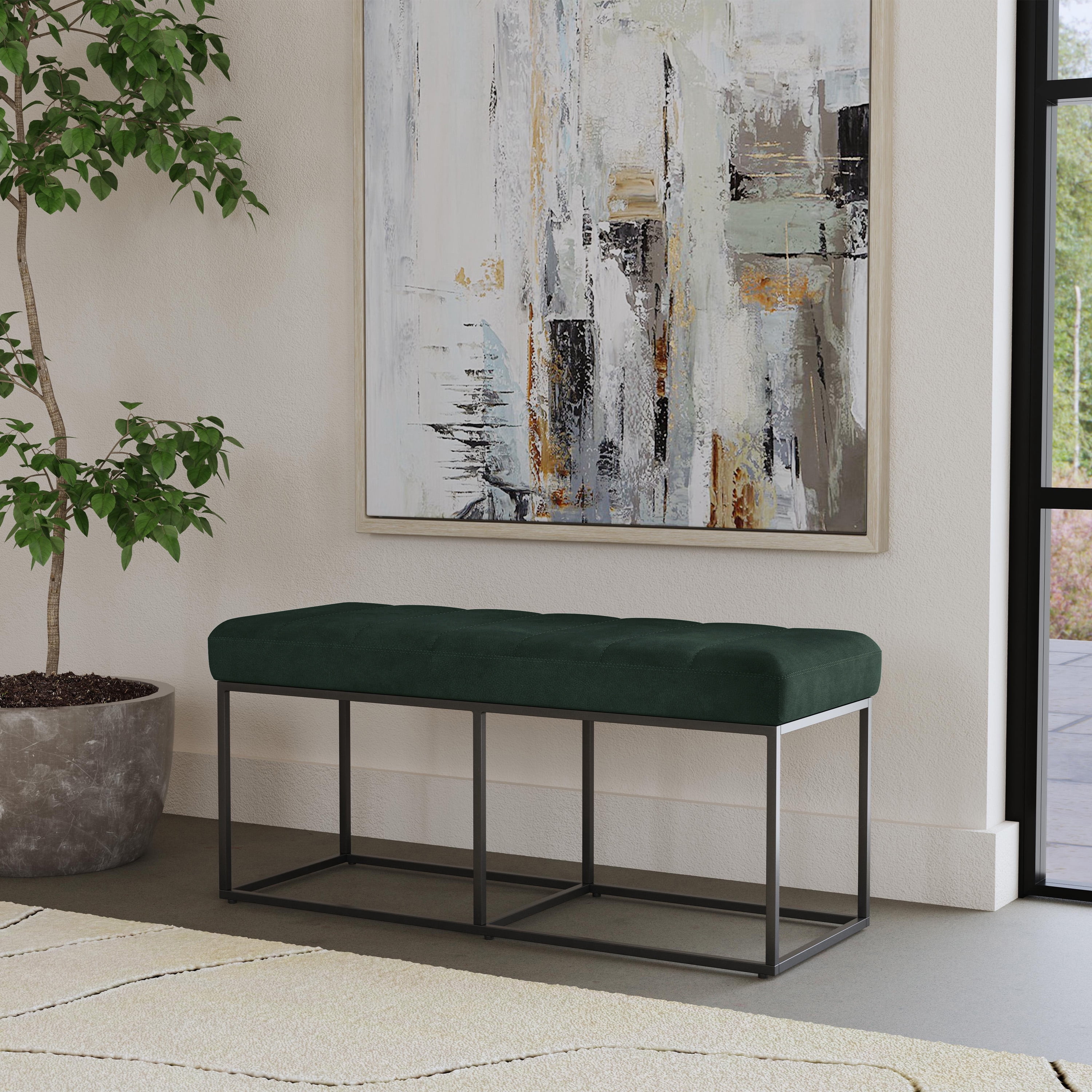 HomePop Theodore Metal & Faux Suede Bench, 42.5"W x 16"D x 19"H, Deep Forest Green/Black