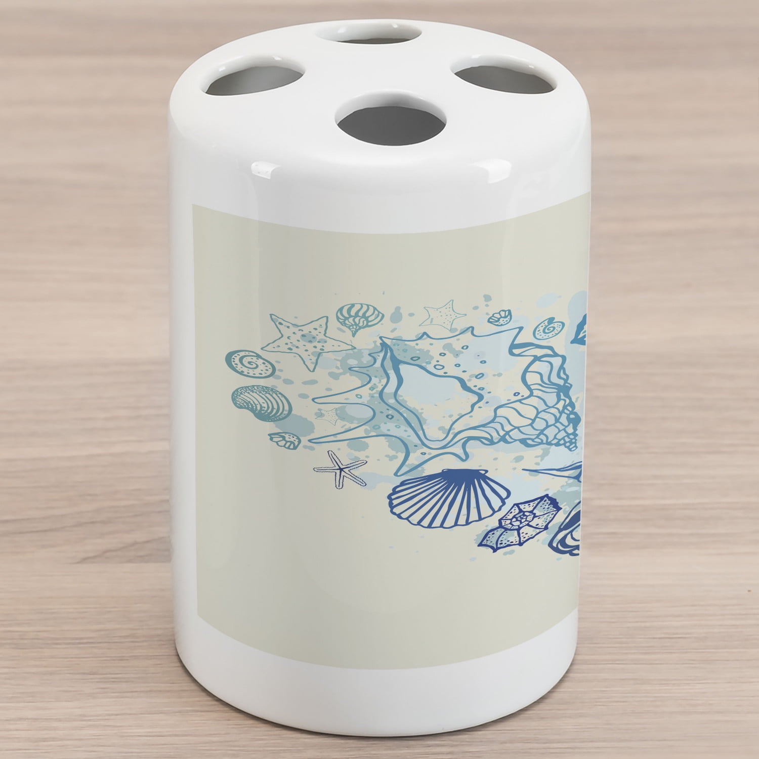 Shell Ceramic Toothbrush Holder, Blue Tones Grunge Heart Shape with Various Seashells Splashed Design Image, Decorative Versatile Countertop for Bathroom, 4.5' X 2.7', Eggshell Multicolor