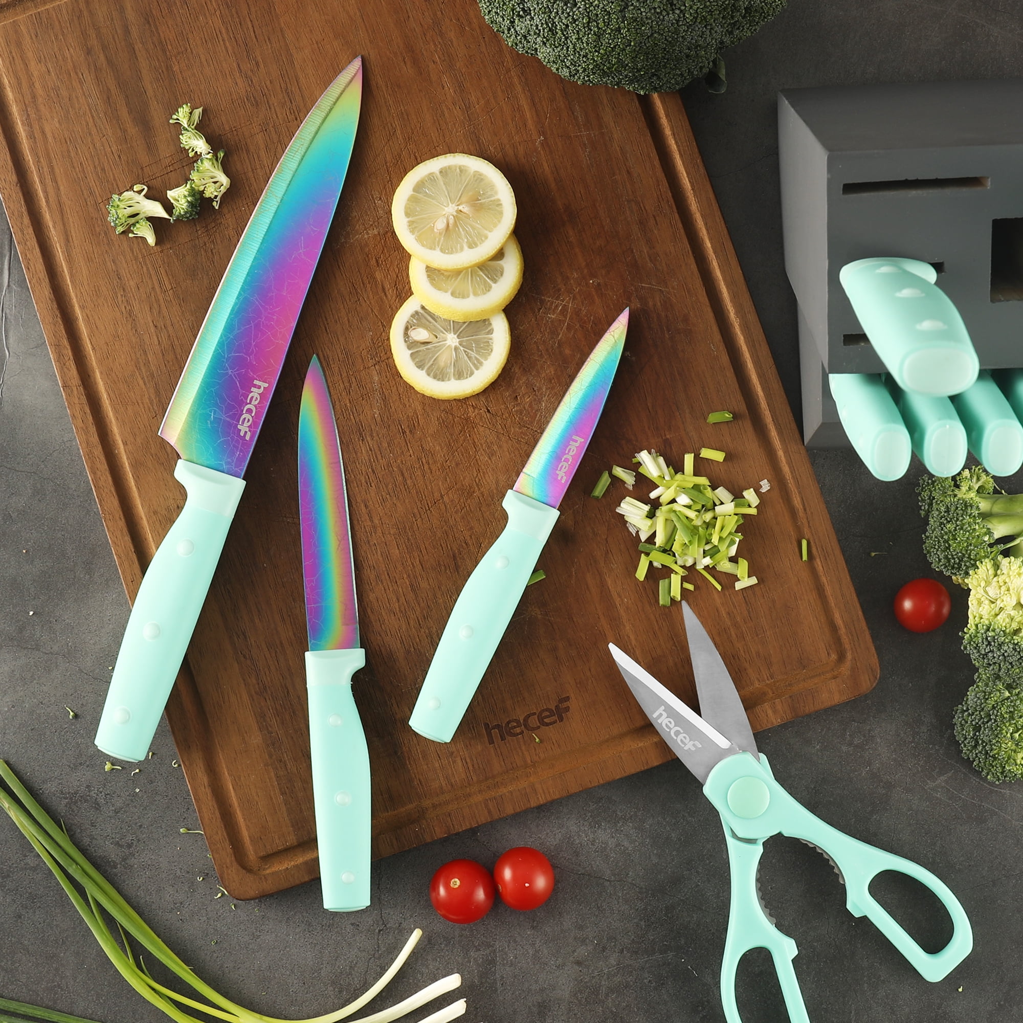 Hecef Dishwasher Safe Knife Block Set, Rainbow Titanium Coated Kitchen Knives Set with Scissors, Steak Knives