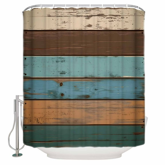 72x78 Inch Shower Curtain Farmhouse Blue Teal Brown Bathroom Decor Waterproof Fabric Bathtub Bath Curtains Decorative Vintage Ombre Wooden Extra Long Shower Curtain Set with Hooks