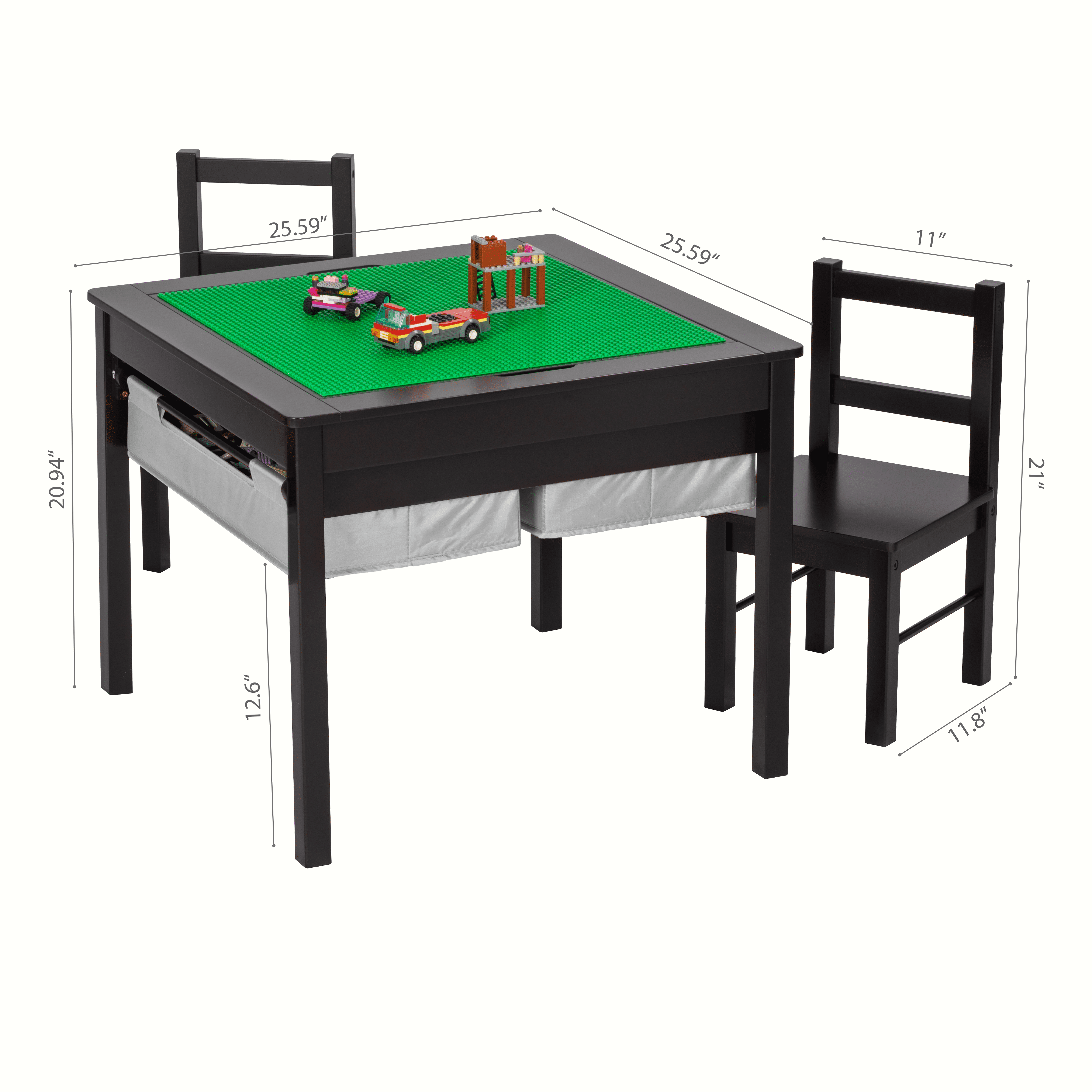 UTEX Wooden 2 In 1 Kids Construction Play Table and 2 Chairs set with Storage Drawers and Built In Broad, Espresso with Gray Drawer