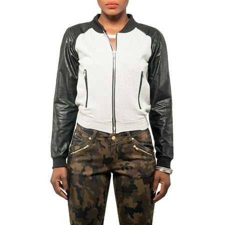 Poetic Justice Curvy Womens French Terry Vegan Leather Long Sleeve Bomber Jacket