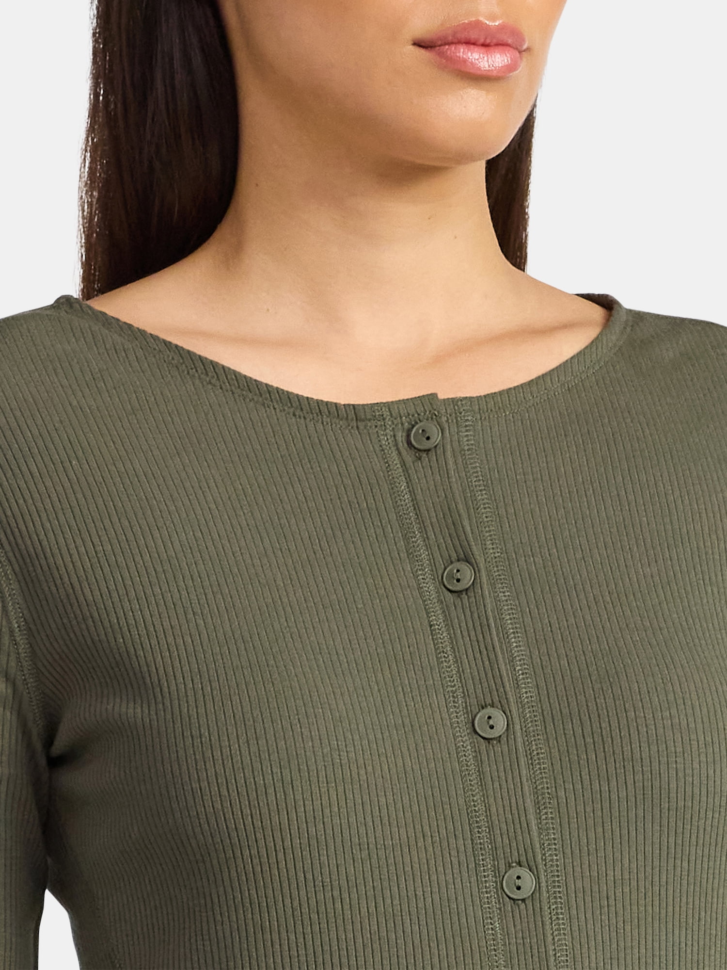 Time and Tru Women's Ribbed Knit Button Front Top with Long Sleeves, Sizes XS-XXXL