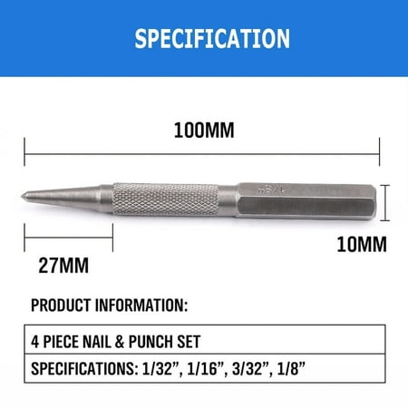 

High-Quality Precision 4-Piece Alloy Steel Mechanics Nail Setter & Center Kit - Accurate and Precise Tools in 1/32 1/16 3/32 and 1/8 Inch Sizes - Ideal for Carpentry and Woodworking Pr