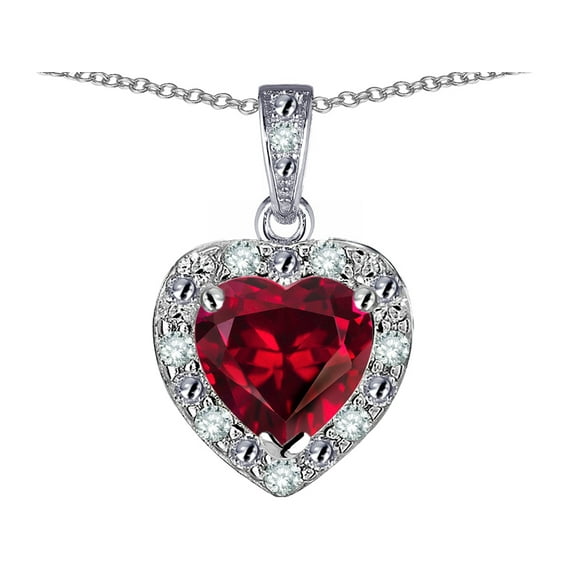 Star K� 10k White Gold Heart Shape Created Ruby Halo Pendant Necklace