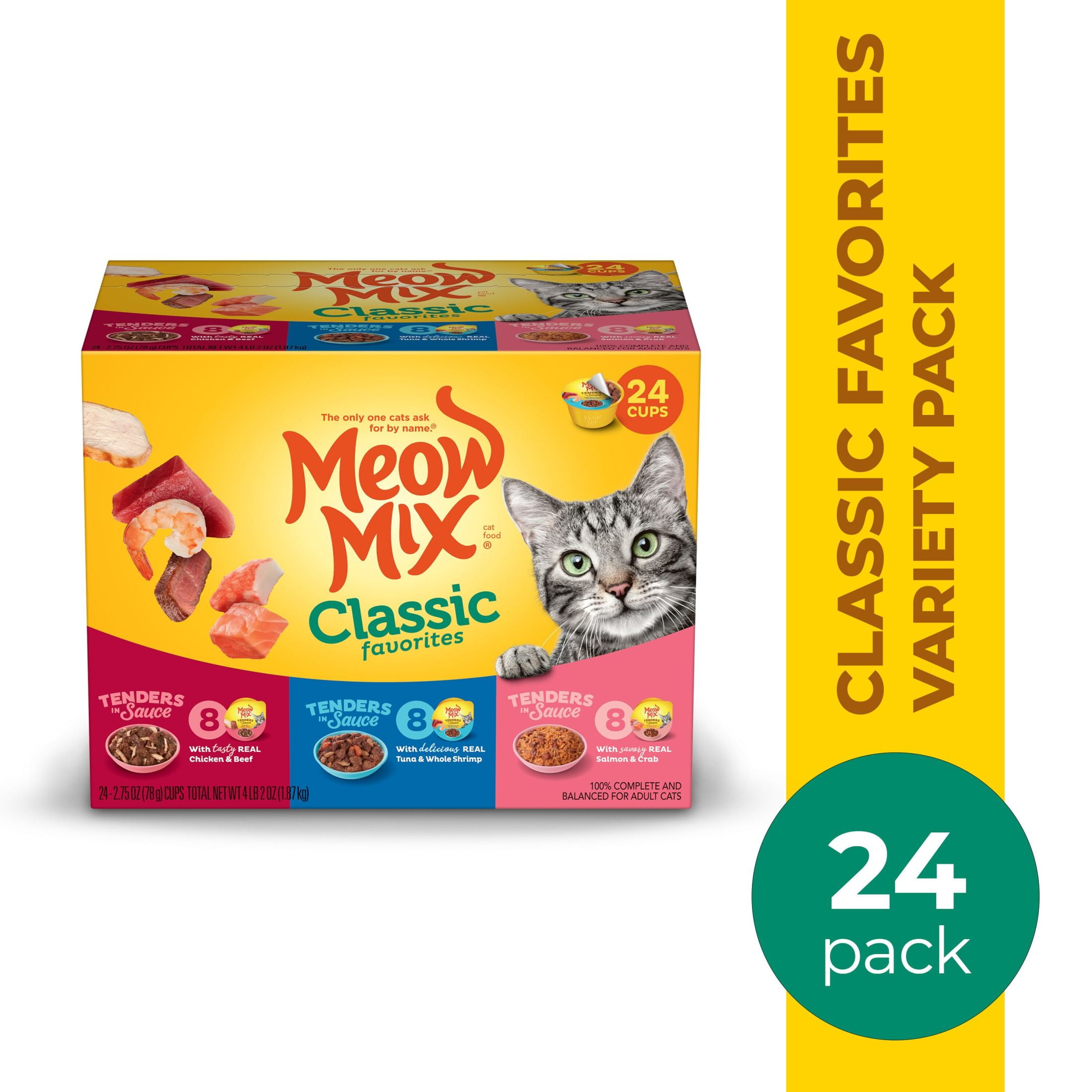 (2 pack) Meow Mix Tenders in Sauce Wet Cat Food Variety Pack, Classic Favorites, 24 Cups, 2.75 oz Each