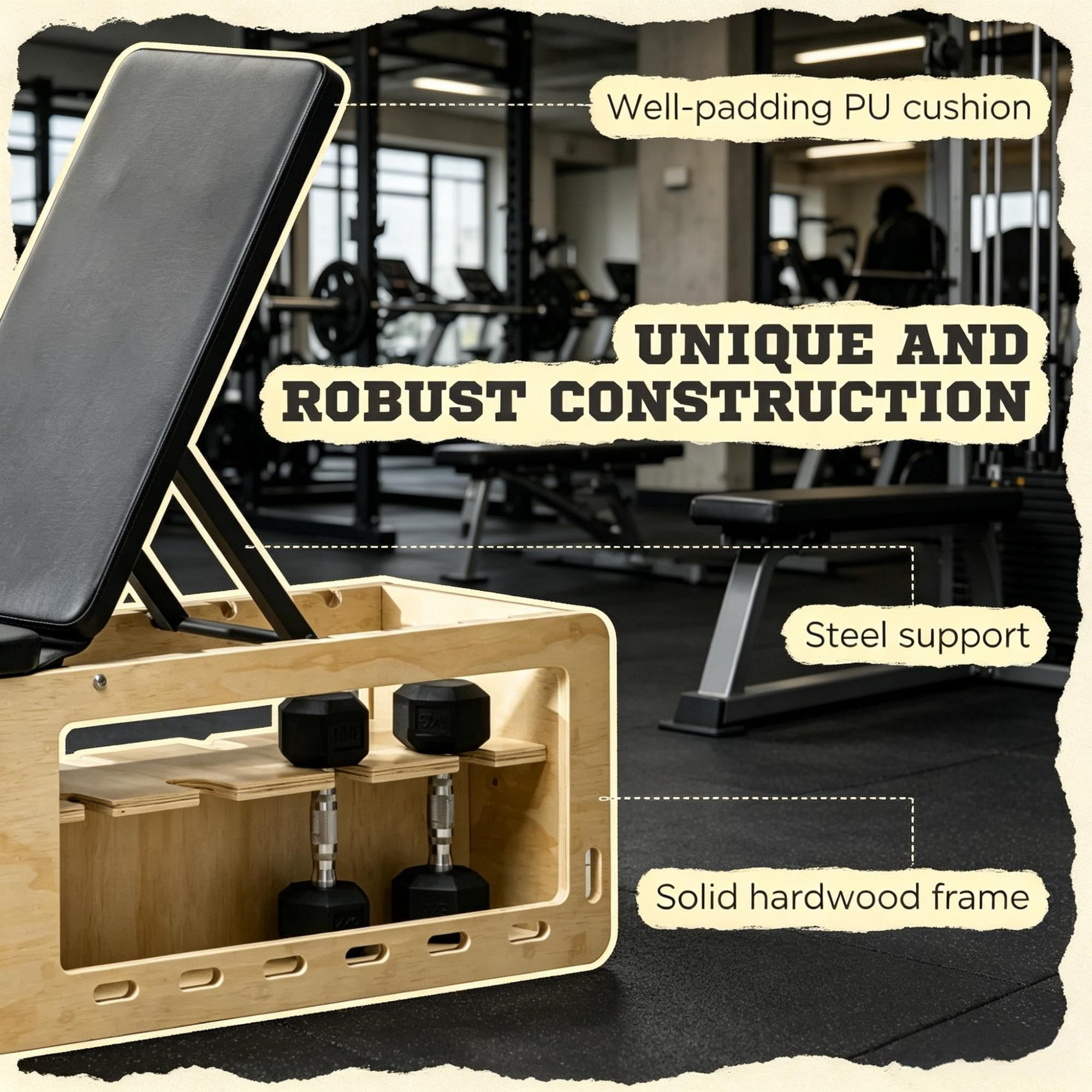 Home Gym Wooden Workout Bench, Adjustable Incline Weight Bench with Dumbbell Rack and Built-in Resistance Bands