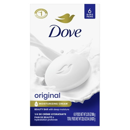 Dove Beauty Bar Soap for Women Original with 1/4 Moisturizing Cream All Skin, 3.75 oz 6 Bars