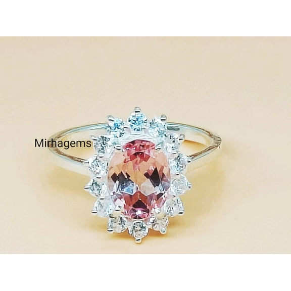 Morganite Halo engagement ring, padparadscha sapphire colour,Solitaire ring, vintage design, Princess Eugenie, pink stone ring,oval cut Ring