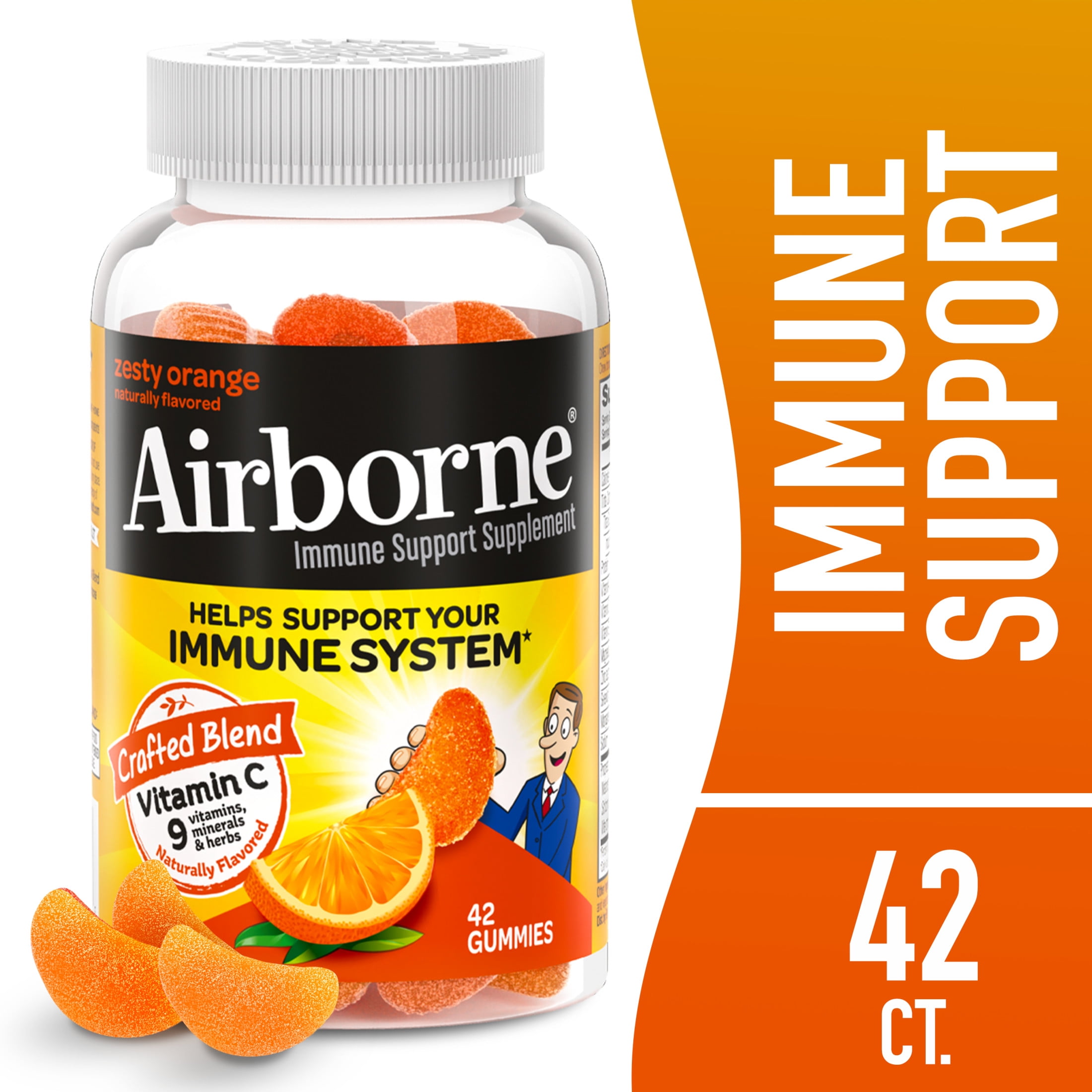 (3 pack) Airborne 750mg Vitamin C Immune Support Gummies, Zesty Orange Flavor, 42 Count
