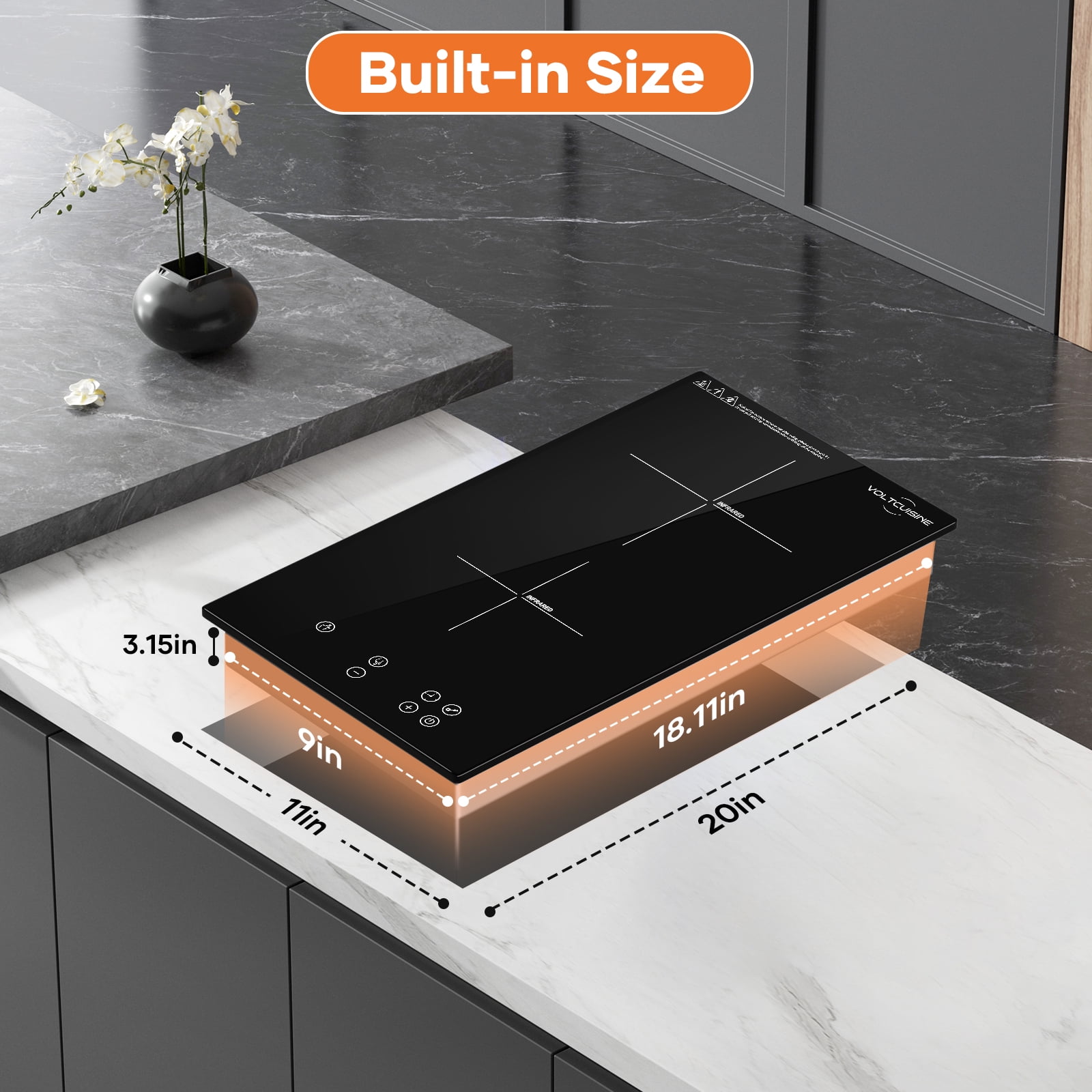 VoltCuisine Induction Cooktop 2 Burner, Shatter-proof Flat Glass Top, 9 Heat Settings, LED Touch Display with Child Safety Lock & Overheat Protection