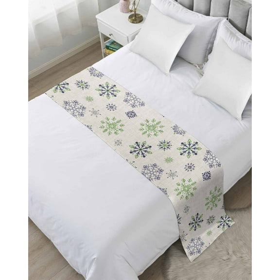Navy Blue Green Snowflake Christmas Bed Runner for Cal. King Size Bed, Xmas Snowflake Rustic Bedspread Protector Slipcover Bed Scarf for Foot Bed Runners & Scarves for Bedroom Hotel 94x20 Inches