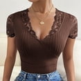 thumbnail image 2 of Tops Para Mujer Blusas Casuales Elegantes Camisas de Moda Color Sólido Cuello en V Costura de Encaje Camiseta de Manga Corta Top Slim Fit Blusa Corta Jersey Odeerbi ODB154990, 2 of 9