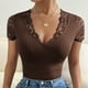thumbnail image 2 of Tops Para Mujer Blusas Casuales Elegantes Camisas de Moda Color Sólido Cuello en V Costura de Encaje Camiseta de Manga Corta Top Slim Fit Blusa Corta Jersey Odeerbi ODB154990, 2 of 9