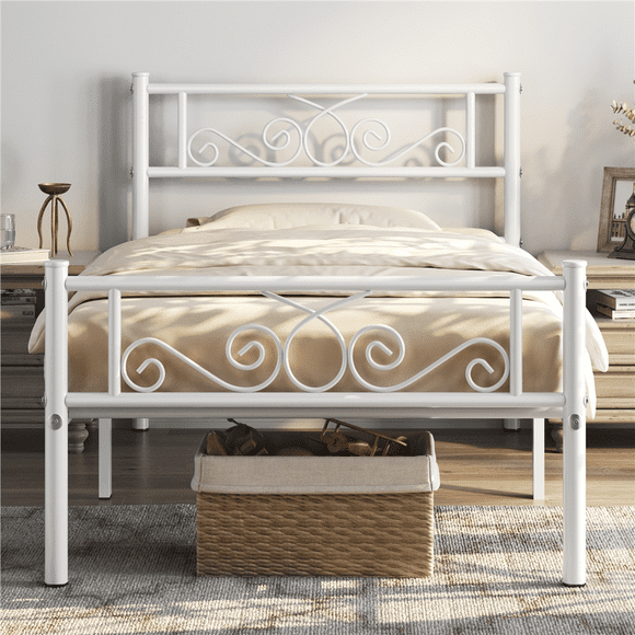 Fullfurnique Metal Platform Bed Frame with Scroll Headboard and Footboard, Twin, White
