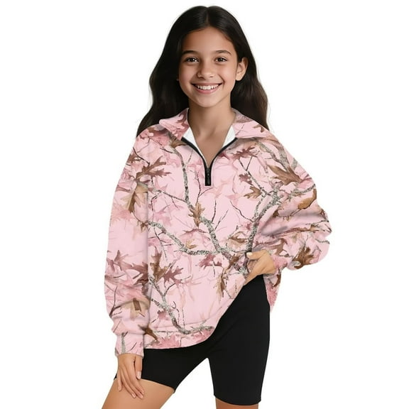 Uorisanigo Kids Girls Sweatshirt Casual Pink Camo Hunting Forest Long Sleeve Pullover Crop Top Oversized Quarter-Zip Pullover Jacket for Teen Girl School Athletic Tops Fall Fashion Outfits Clothes