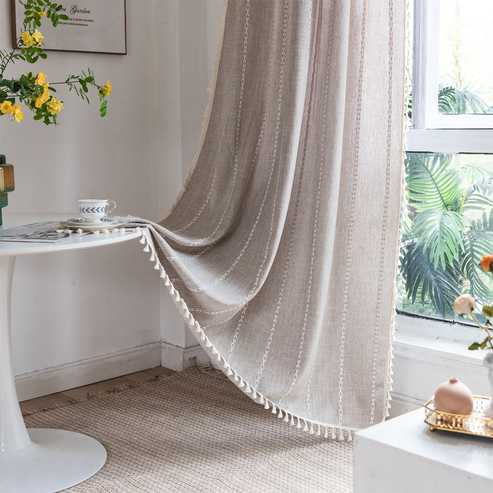 TURKIO Farmhouse Boho Curtains for Living Room Semi Blackout Curtains Rod Pocket Curtain 1 Panel,52"Wx84"L,Taupe