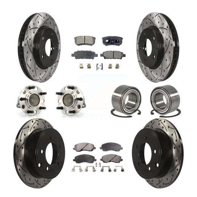 Transit Auto Front Rear Hub Bearing Assembly Coated Disc Brake Rotor and Semi-Metallic Pads Kit (10Pc) for Car Dodge Caliber with 276mm Diameter Left Right Driver Passenger Side KBB-107334