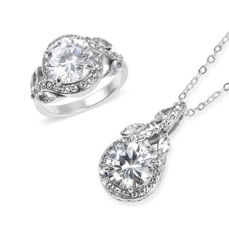 Engagement White Necklace - White Cubic Zirconia CZ Halo Ring Chain Pendant Necklace Wedding Engagement Jewelry for Women 20