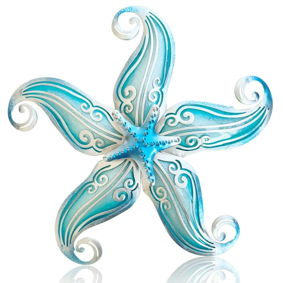Decoración de pared con forma de estrella de mar de metal POXOHO, 30 cm, azul, arte costero