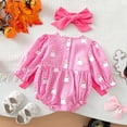thumbnail image 6 of KPOPLK Newborn Baby Girl Fall Outfit Letter Print Long Sleeve Jumpsuit Bubble Romper Infant Clothing Set with Headband(6-9 Months,Pink), 6 of 9
