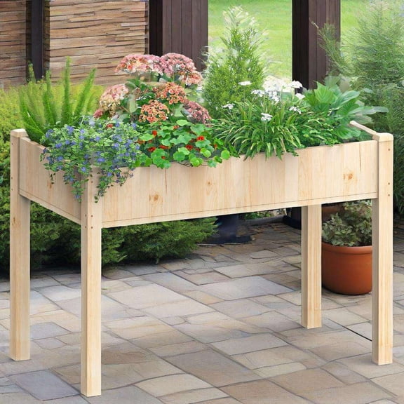 JIOABL Raised Garden Bed with Legs, 48x24x30in Wood Elevated Planter Box w/Bed Liner for Herbs Flowers Vegetables, Wood