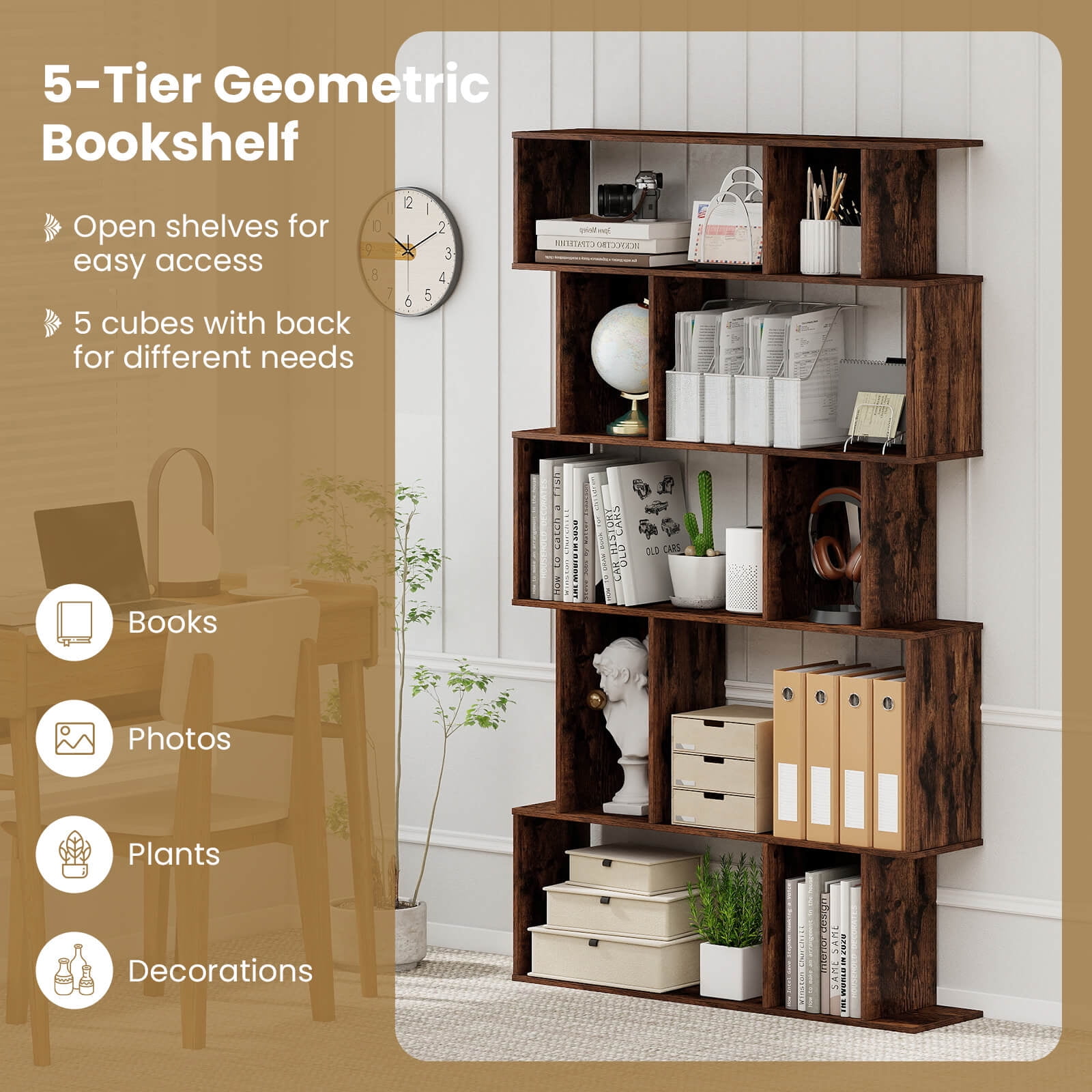 Costway 2 PCS 5-Tier Geometric Bookshelf with Open Shelves Closed-back Cubes for Living Room Rustic Brown