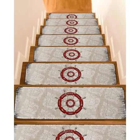 Red Vintage Rudder Stair Treads Nautical Navigation Wood Texture Indoor Non Slip Peel and Stick Stair Treads for Wooden Steps 4 PCS, Soft Adhesive Staircase Mats Runner Rugs 8"x30"
