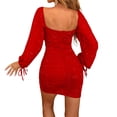 thumbnail image 5 of Women'S French Hepburn Style Long Sleeve Deep V Neck Bodycon Dress Short Red M, 5 of 9